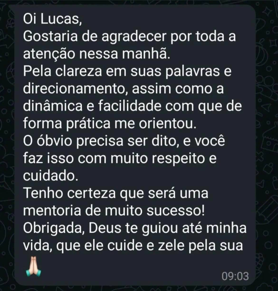 Depoimento de aluna agradecendo a clareza e direcionamento da mentoria