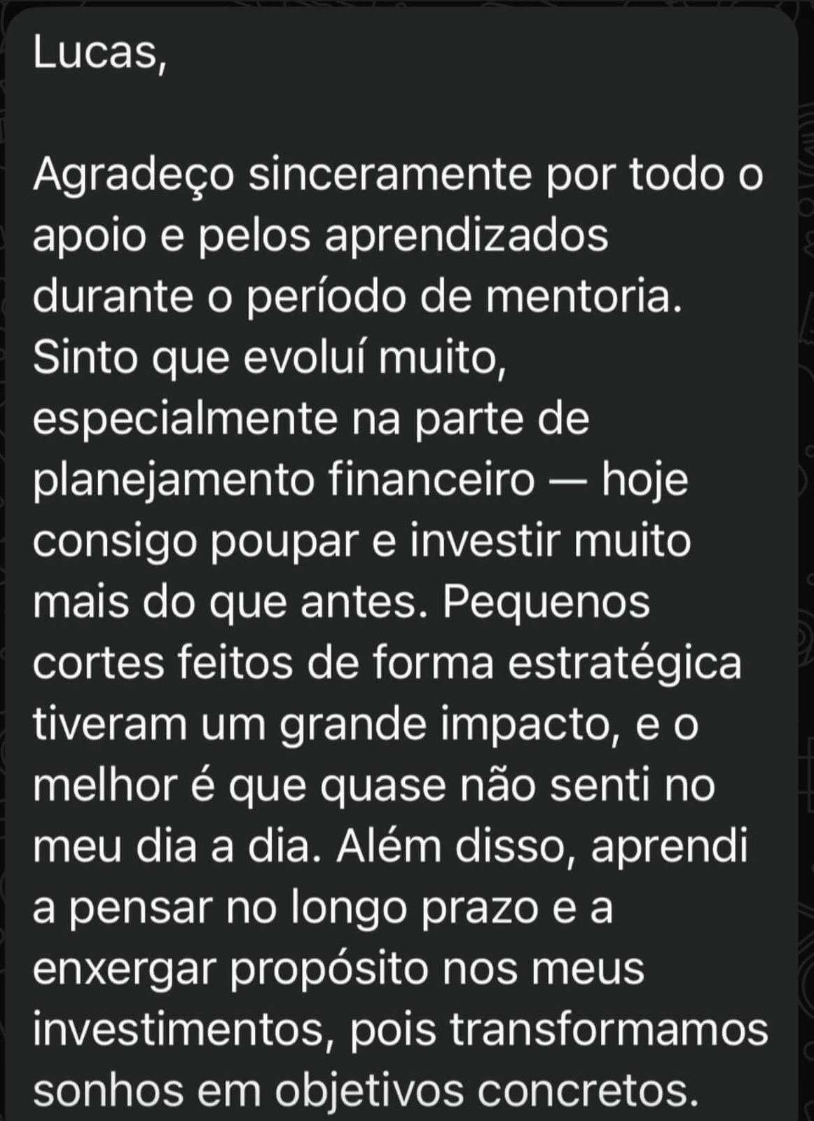 Depoimento sobre planejamento financeiro de longo prazo